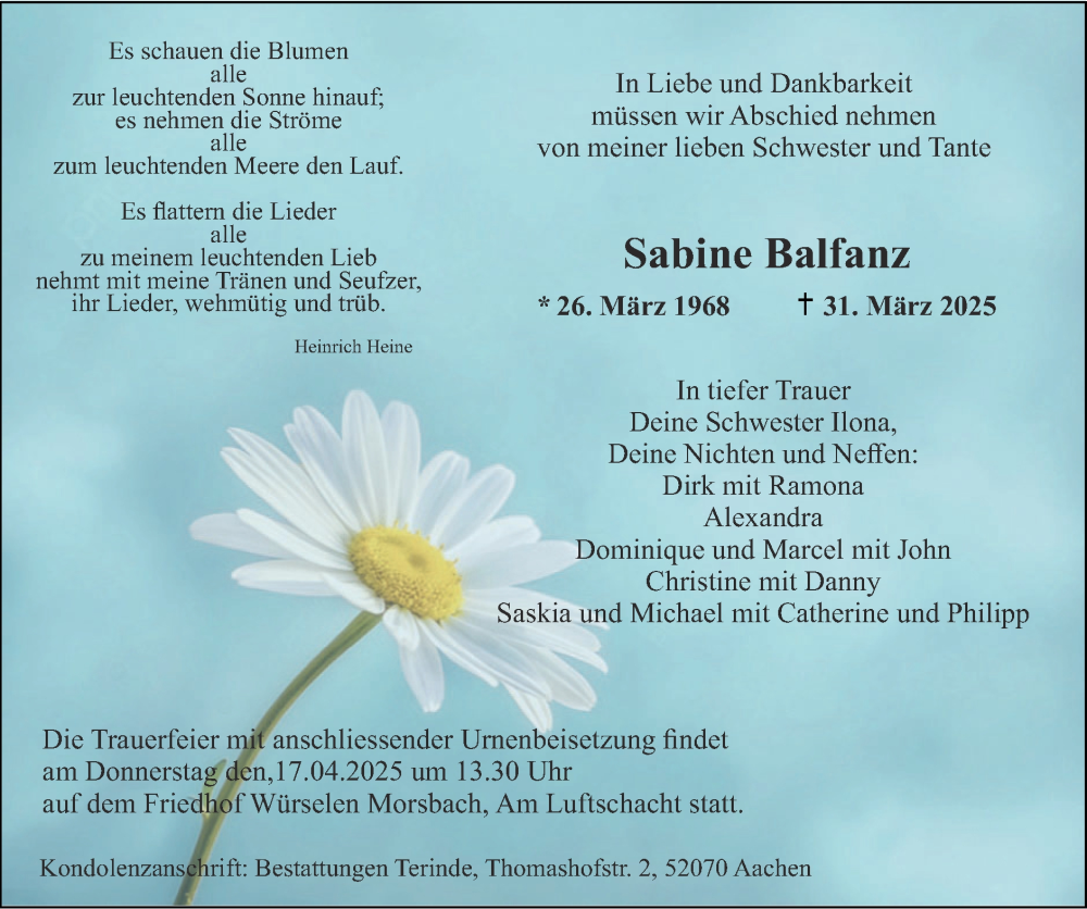  Traueranzeige für Sabine Balfanz vom 13.04.2025 aus Zeitung am Sonntag