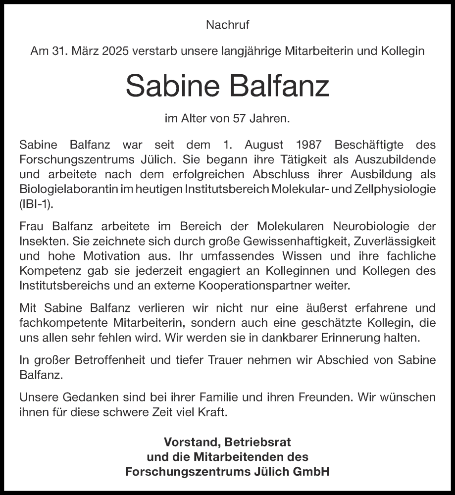  Traueranzeige für Sabine Balfanz vom 13.04.2025 aus Zeitung am Sonntag