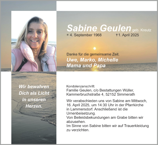 Traueranzeige von Sabine Geulen von Zeitung am Sonntag