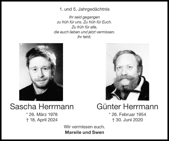 Traueranzeige von Sascha Herrmann von Zeitung am Sonntag