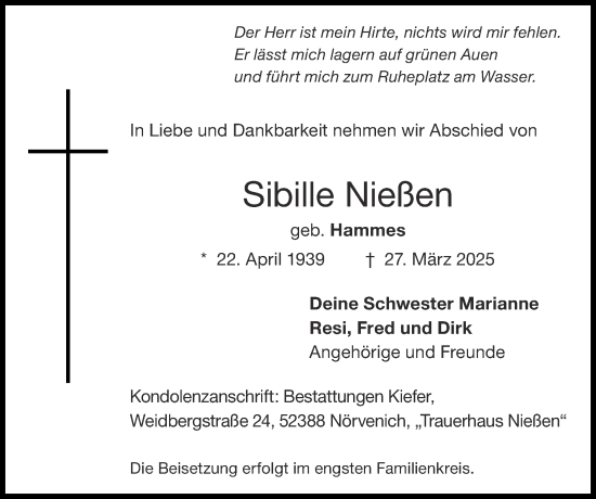 Traueranzeige von Sibille Nießen von Zeitung am Sonntag
