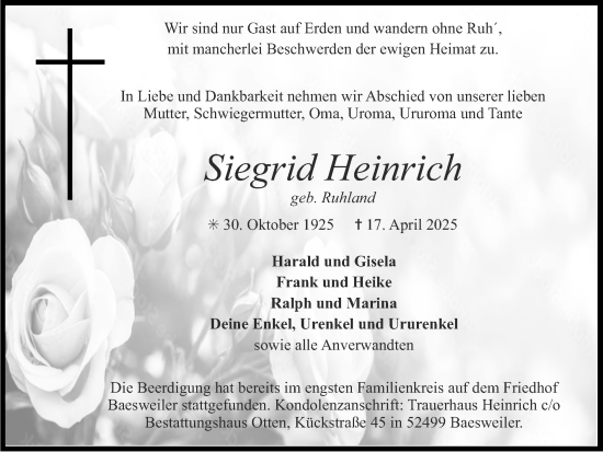 Traueranzeige von Siegrid Heinrich von Zeitung am Sonntag