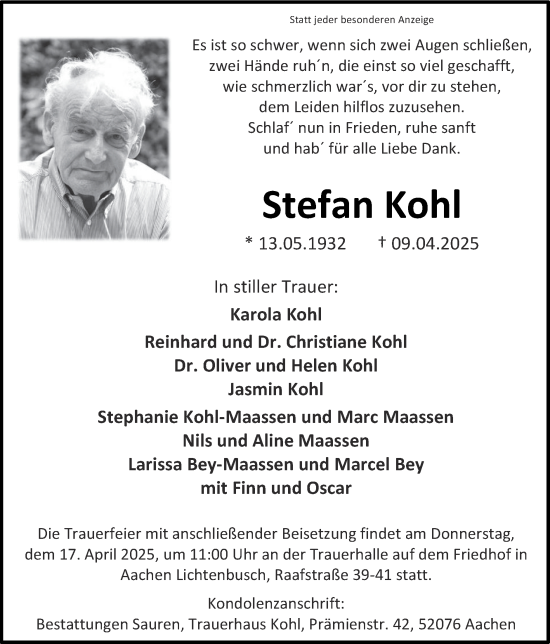 Traueranzeige von Stefan Kohl von Zeitung am Sonntag