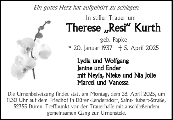 Traueranzeige von Therese Kurth von Zeitung am Sonntag