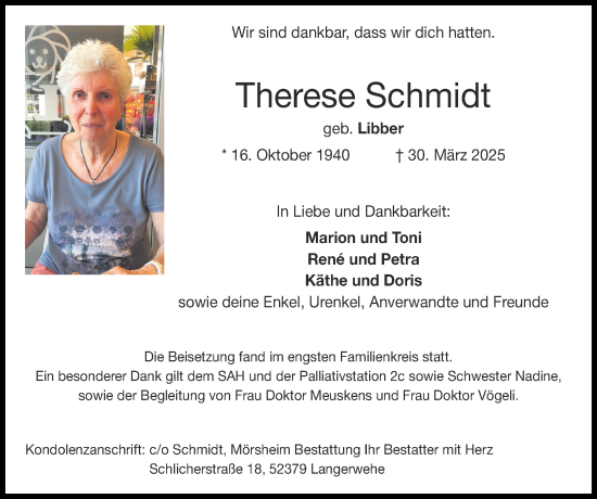 Traueranzeige von Therese Schmidt von Zeitung am Sonntag