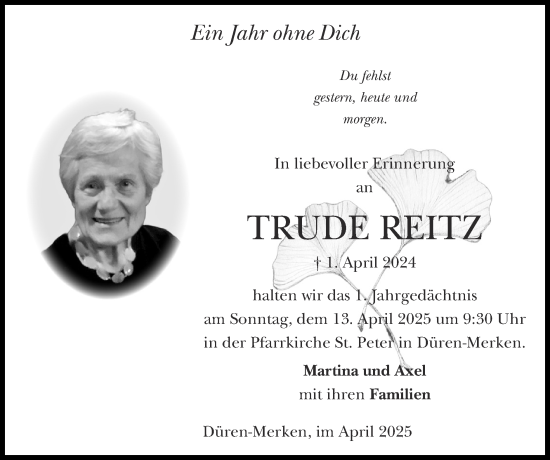 Traueranzeige von Trude Reitz von Zeitung am Sonntag