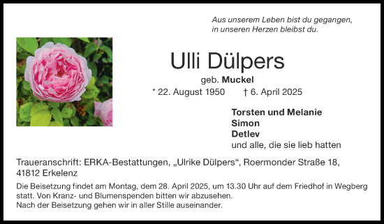 Traueranzeige von Ulli Dülpers von Zeitung am Sonntag