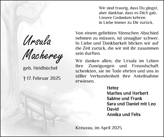 Traueranzeige von Ursula Macherey von Zeitung am Sonntag
