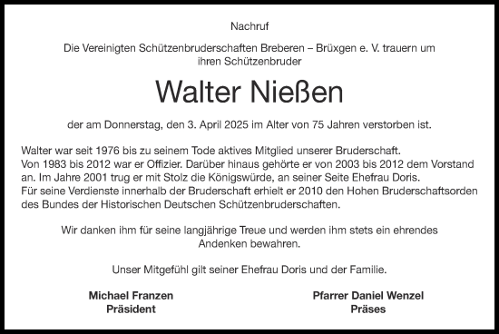 Traueranzeige von Walter Nießen von Zeitung am Sonntag