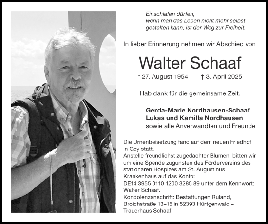 Traueranzeige von Walter Schaaf von Zeitung am Sonntag