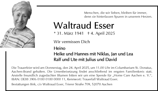 Traueranzeige von Waltraud Esser von Aachener Zeitung