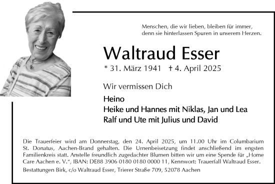 Traueranzeige von Waltraud Esser von Zeitung am Sonntag