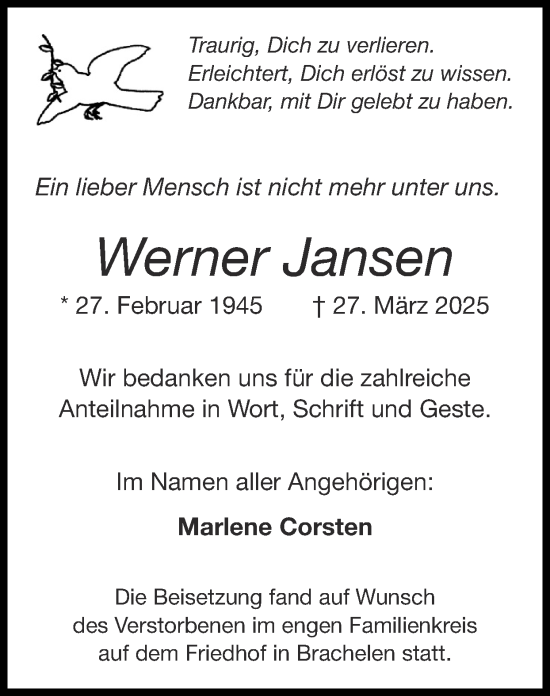 Traueranzeige von Werner Jansen von Zeitung am Sonntag