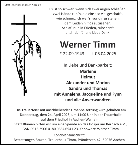 Traueranzeige von Werner Timm von Zeitung am Sonntag