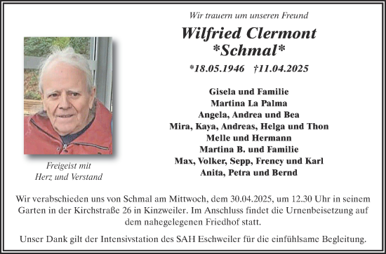 Traueranzeige von Wilfried Clermont von Zeitung am Sonntag