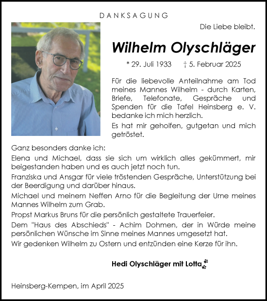 Traueranzeige von Wilhelm Olyschläger von Zeitung am Sonntag