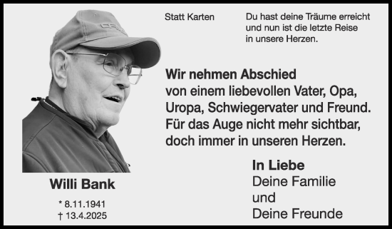 Traueranzeige von Willi Bank von Zeitung am Sonntag
