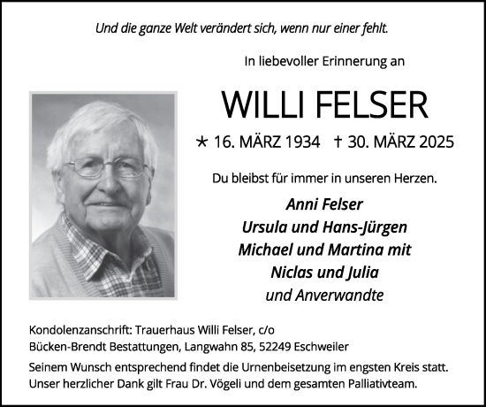 Traueranzeige von Willi Felser von Zeitung am Sonntag