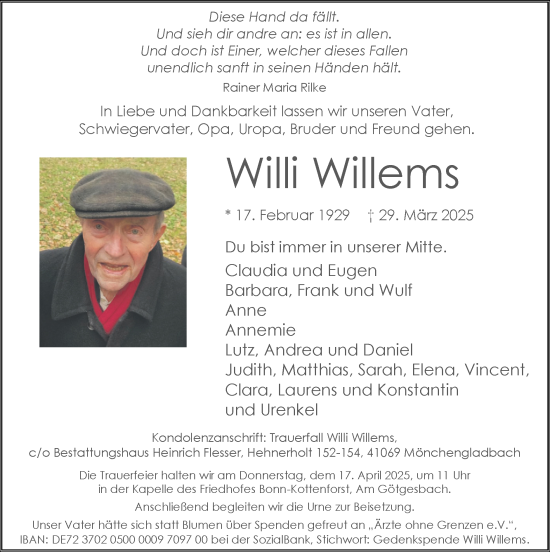 Traueranzeige von Willi Willems von Zeitung am Sonntag