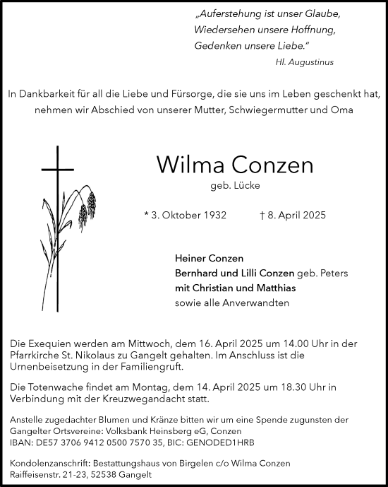 Traueranzeige von Wilma Conzen von Zeitung am Sonntag