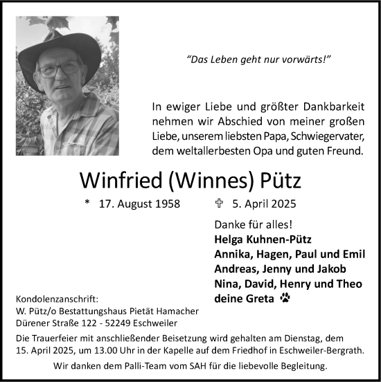 Traueranzeige von Winfried Pütz von Zeitung am Sonntag