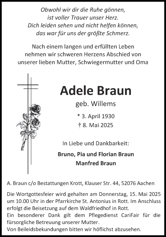 Traueranzeige von Adele Braun von Aachener Zeitung