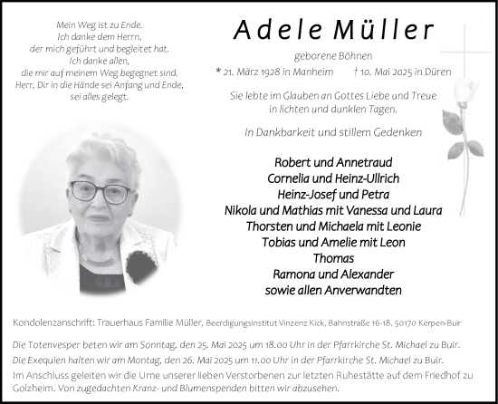 Traueranzeige von Adele Müller von Zeitung am Sonntag