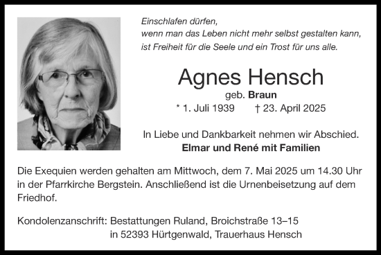 Traueranzeige von Agnes Hensch von Zeitung am Sonntag