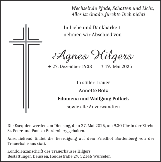 Traueranzeige von Agnes Hilgers von Zeitung am Sonntag