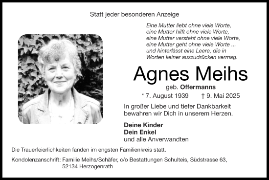 Traueranzeige von Agnes Meihs von Zeitung am Sonntag