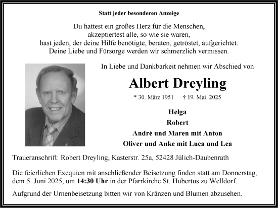Traueranzeige von Albert Dreyling von Zeitung am Sonntag