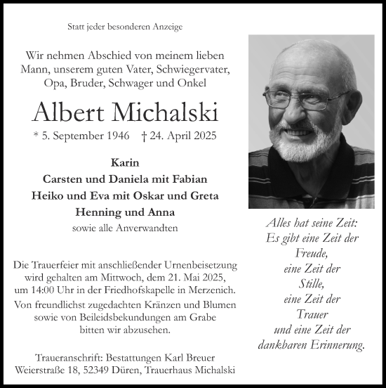 Traueranzeige von Albert Michalski von Zeitung am Sonntag