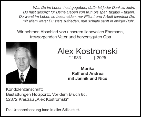 Traueranzeige von Alex Kostromski von Zeitung am Sonntag