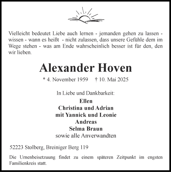Traueranzeige von Alexander Hoven von Zeitung am Sonntag