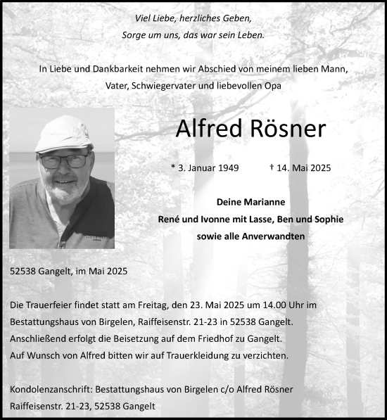 Traueranzeige von Alfred Rösner von Zeitung am Sonntag