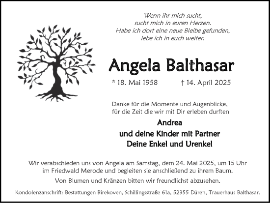 Traueranzeige von Angela Balthasar von Zeitung am Sonntag