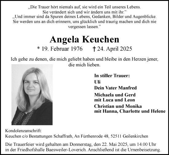Traueranzeige von Angela Keuchen von Zeitung am Sonntag