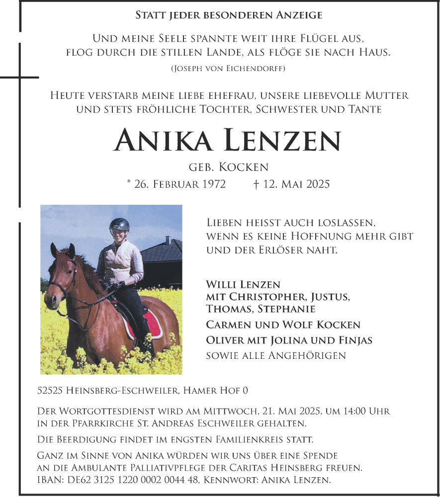  Traueranzeige für Anika Lenzen vom 18.05.2025 aus Zeitung am Sonntag