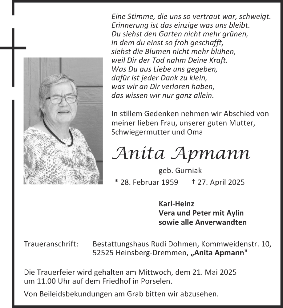  Traueranzeige für Anita Apmann vom 18.05.2025 aus Zeitung am Sonntag