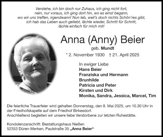 Traueranzeige von Anna Beier von Zeitung am Sonntag