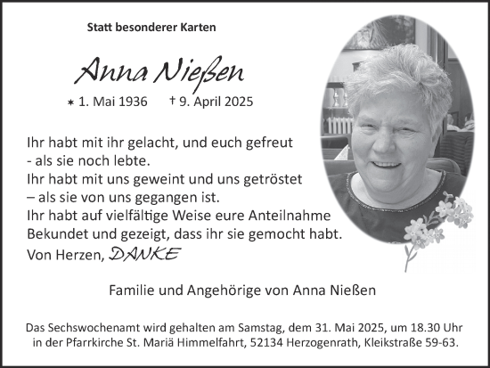 Traueranzeige von Anna Nießen von Zeitung am Sonntag