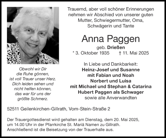 Traueranzeige von Anna Paggen von Zeitung am Sonntag