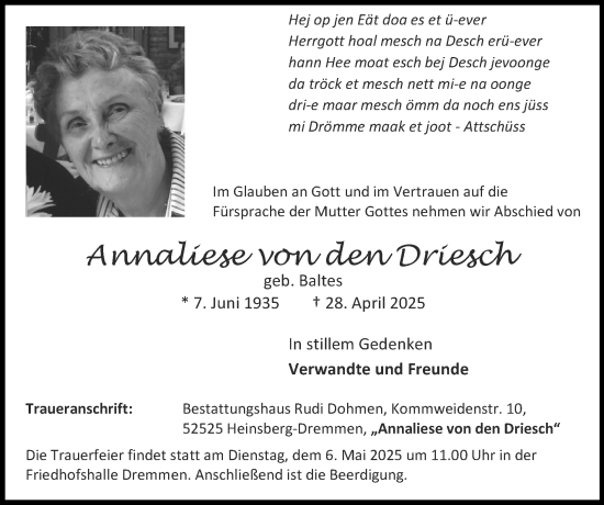 Traueranzeige von Annaliese von den Driesch von Zeitung am Sonntag