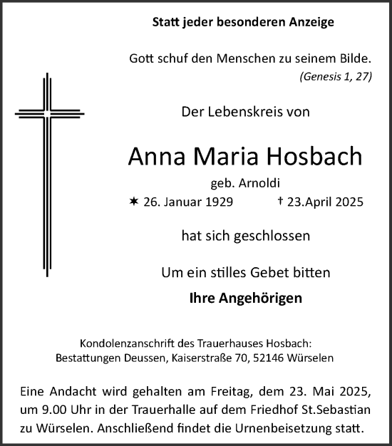 Traueranzeige von Anna Maria Hosbach von Zeitung am Sonntag
