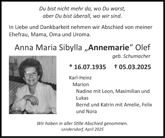Traueranzeige von Anna Maria Sibylla Olef von Zeitung am Sonntag