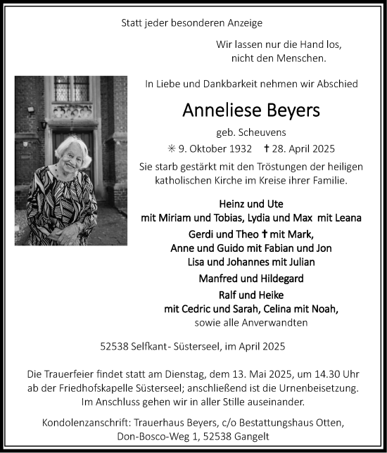 Traueranzeige von Anneliese Beyers von Zeitung am Sonntag