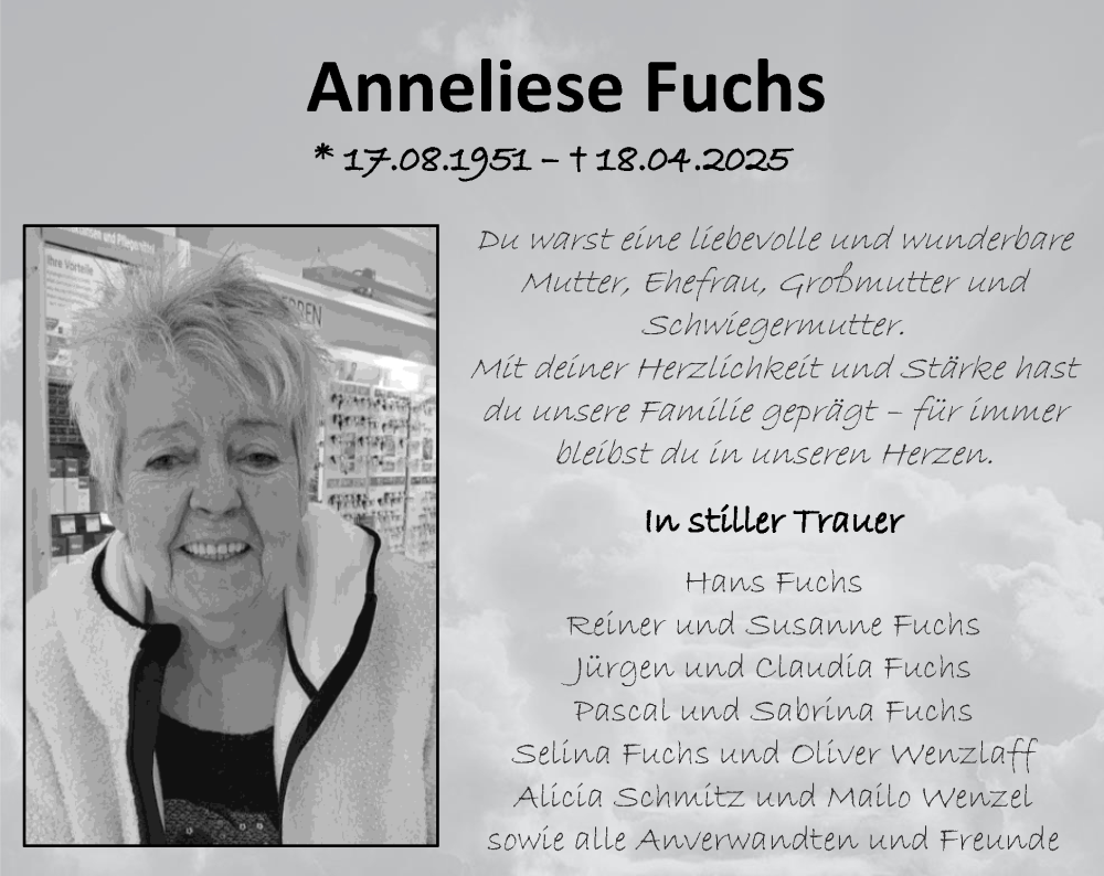  Traueranzeige für Anneliese Fuchs vom 11.05.2025 aus Zeitung am Sonntag