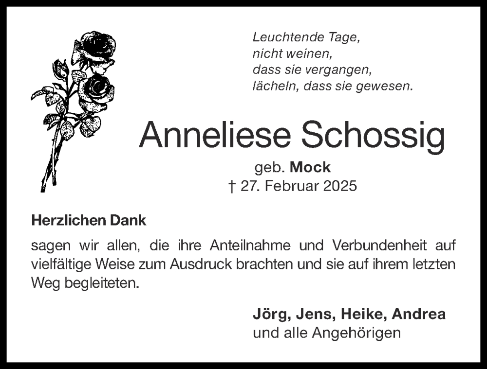  Traueranzeige für Anneliese Schossig vom 11.05.2025 aus Zeitung am Sonntag