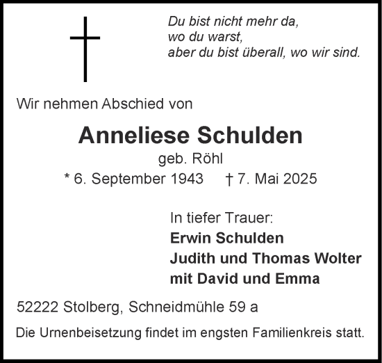 Traueranzeige von Anneliese Schulden von Zeitung am Sonntag