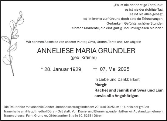 Traueranzeige von Anneliese Maria Grundler von Zeitung am Sonntag